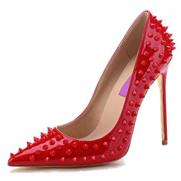 Trendy and personalized rivet pointed shallow cut single shoe slim high heels women's shoes 