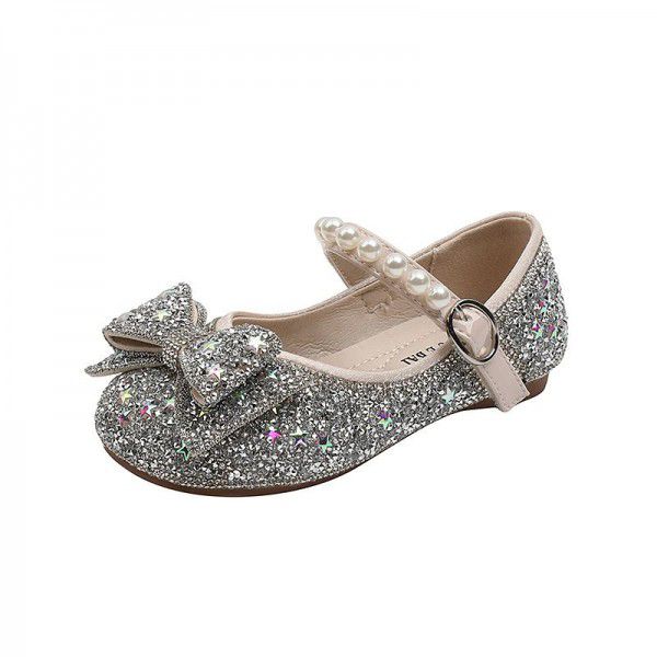 Girls' Princess Shoes Spring New Fashion Bow Rhinestone Leather Shoes Soft Sole Little Girl Baby Single Shoe Trend 