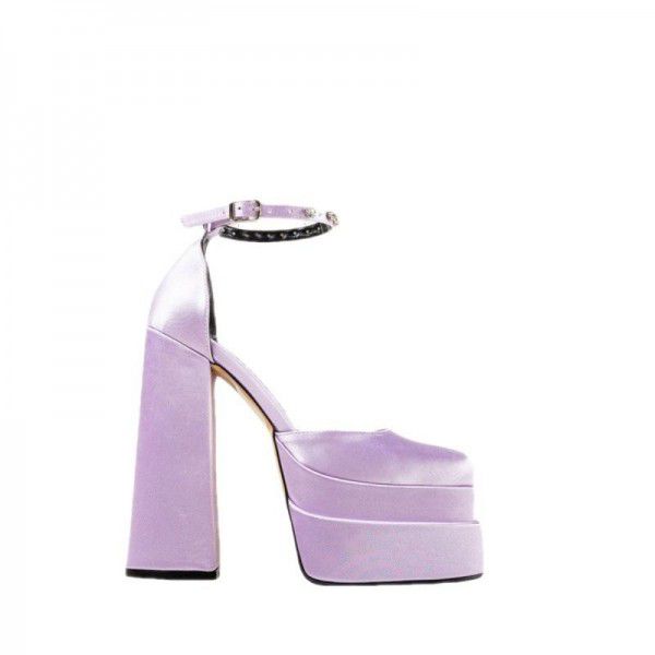 New thick high heels, candy colored single shoes, fashionable rhinestone waterproof platform, square head, thick sole for women 