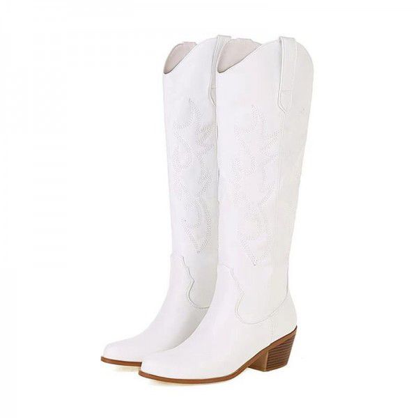 White long boots, women's retro thick heels, point...