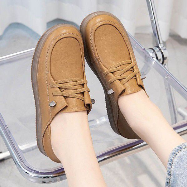 Spring/Summer Round Head Casual Women's Shoes Flat Sole Single Shoes Soft Leather Soft Sole Lazy Shoes Comfortable and Versatile Cow Muscle Sole Shoes 