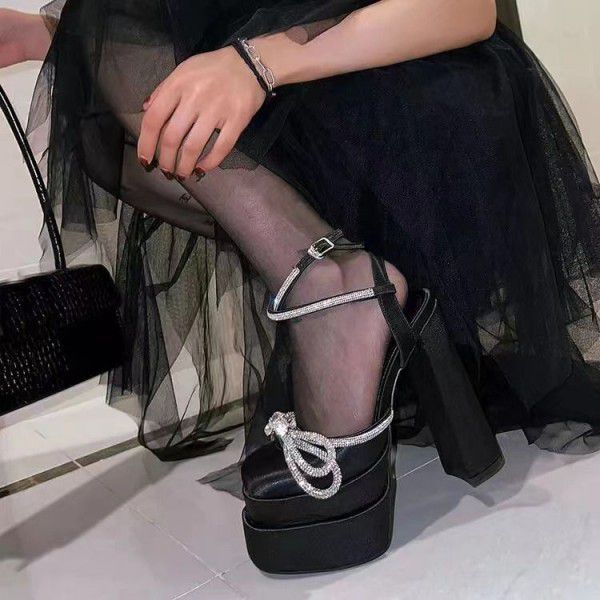 New Water Diamond Bow Double Waterproof Platform High Heel Thick Heel Women's Fashion Single Shoe 