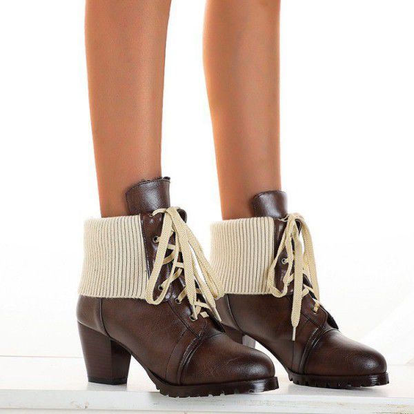 New Short Boots Women's Fashion Retro Wool Tube Lace up Thick Heel High Heel Martin Boots Women 