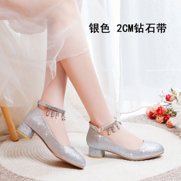 Silver single shoe women's dress with round toe high heels 
