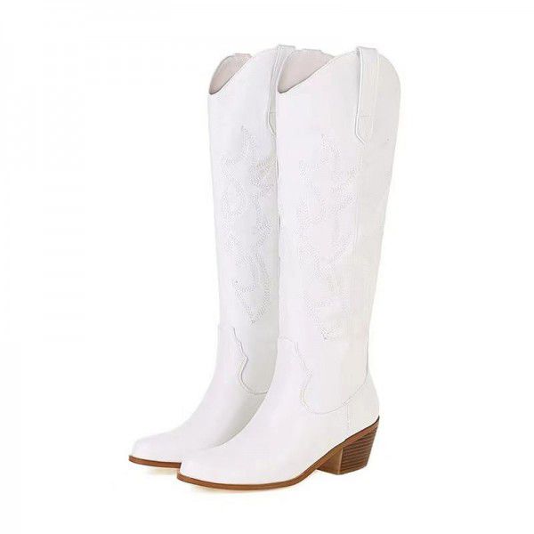 Embroidered thick heeled high boots, European and ...