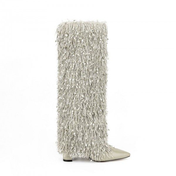 New Autumn and Winter Women's Fashion Tassel Sleeve Boots with Thickened Heels and Silver Tassel Boots Long Boots 