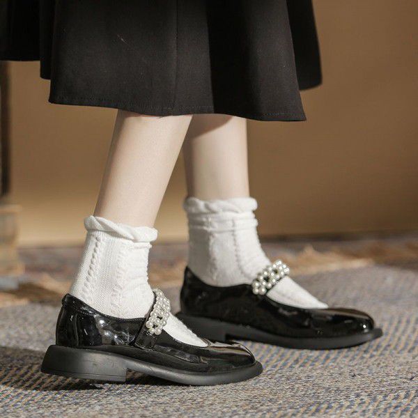 Mary Jane single shoe flat bottom with skirt JK uniform pearl round head lolita cute big head doll small leather shoes female 