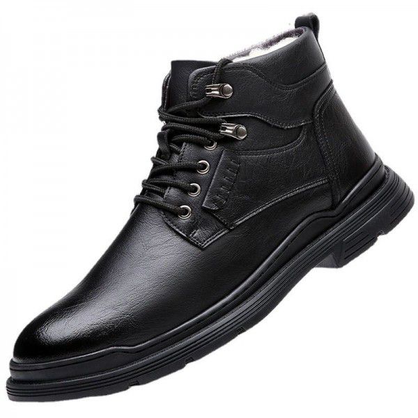 Plush Martin boots, autumn and winter new men's shoes, round toe work boots, Korean version trend leather boots, retro men's short boots 