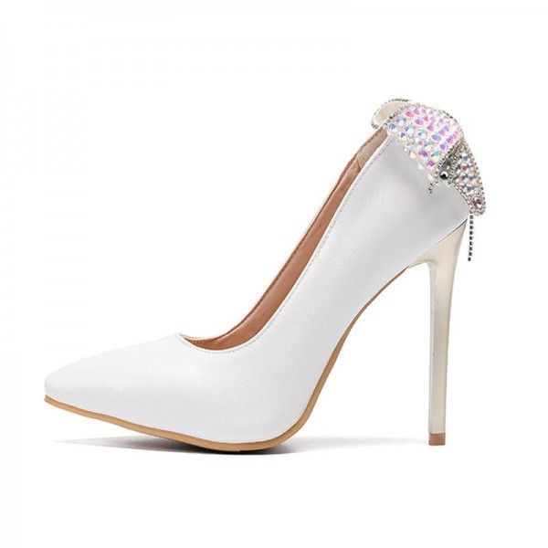White bow tie shallow tassel high heels, thin high heels, wedding shoes, banquet shoes 