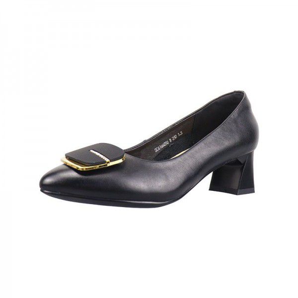 Cowhide Fashion Women's Heels Spring New Genuine Leather Thick Heels Fashion Shallow Mouth Single Shoes 