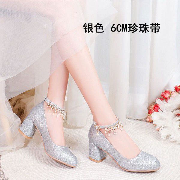 Silver single shoe women's dress with round toe high heels 