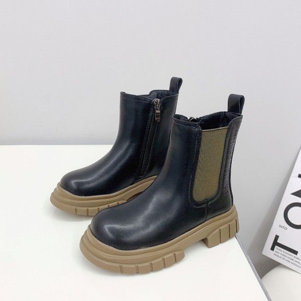 Girls' Martin Boots Winter New Children's Shoes Children's Velvet Warm Cowhide Short Boots Little Girls' Smoke Pipe Boots 