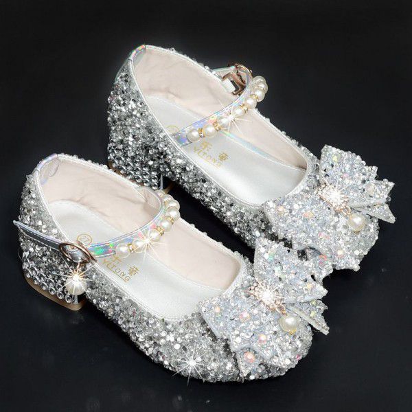 Girls' leather shoes, high heels, children's crystal single shoes, girls' silver dresses, big children's princess shoes 