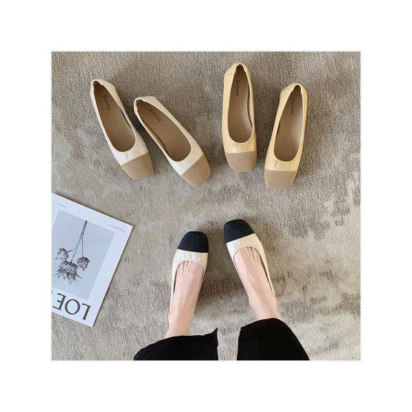 Soft soled thick heeled small fragrant style color matching light cut versatile flat sole single shoes for women in summer 