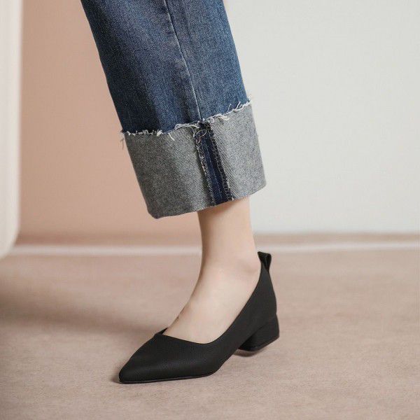 New cowhide pointed soft sole single shoe with lychee pattern thick heel and genuine leather low heel for versatile slim and shallow cut shoes 