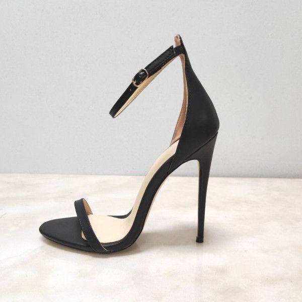 Sandals, European and American fish beak buckle, thin heels, black women's shoes, large size, high heels 