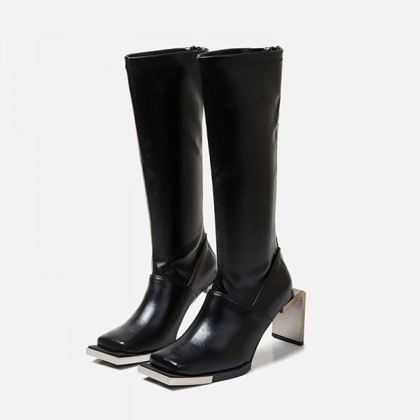 Autumn and Winter New Bone Shaping Iron Head Metal Crowd Black Mid Barrel Boots Show Thin Women 