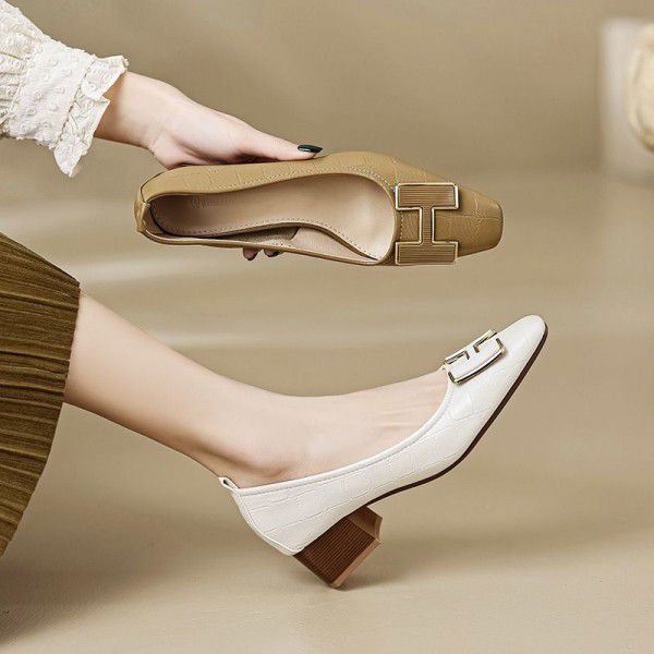 Shallow cut single shoe women's thick heels, new spring and autumn versatile temperament, high heels, French square toe commuting women's shoes, large size 