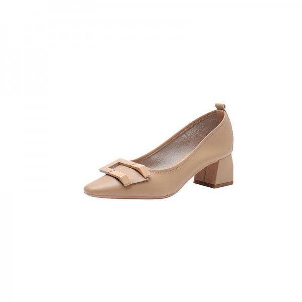 Genuine leather high heels, women's thick heels, square toe, soft leather autumn shoes, fairy spring and autumn single shoes, women's grandmother shoes 