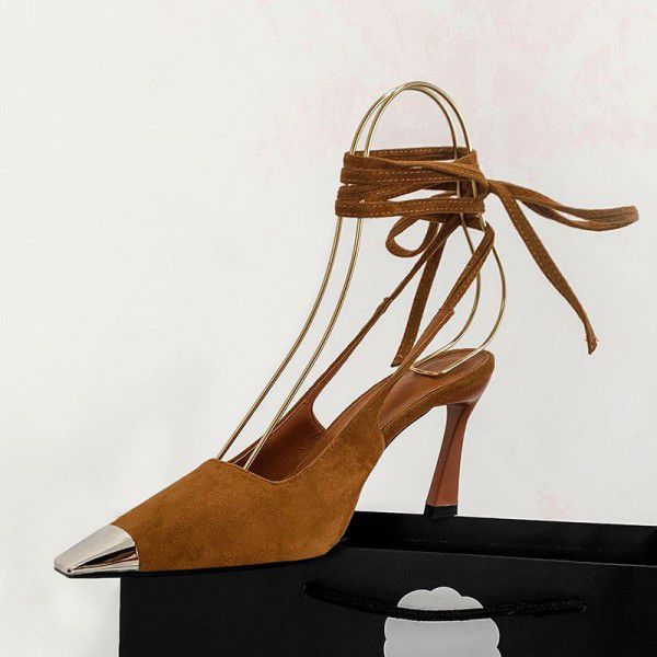 Sexy suede iron toe tie wrap around the feet, toe wrap sandals, square toe thin heels, high heels 