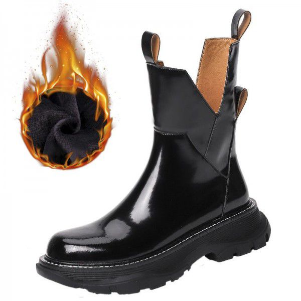 British Martin Boots Women's Lacquer Leather Thick Sole Autumn and Winter New Long Sleeve Slim Knee Length Boots 