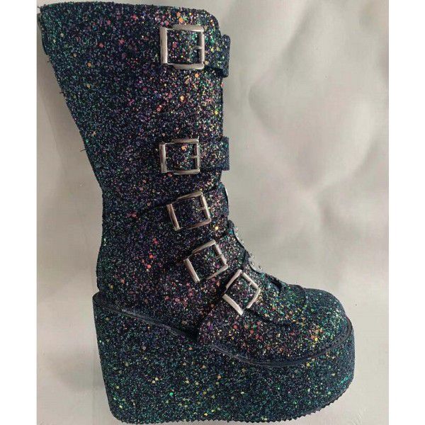 Winter New Women's Shoes Fashion Thick Sole Heart shaped Buckle Mid Barrel Sequin Wedge Martin Boots Women 