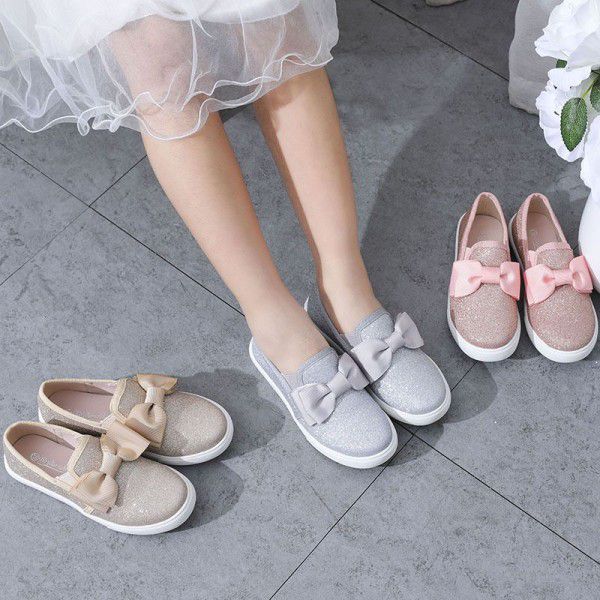 Girls' Shoes Versatile Casual Shoes Bow Children's Board Shoes Sparkling Pink Bean Shoes Little Girls' Princess Single Shoes Soft Soles 