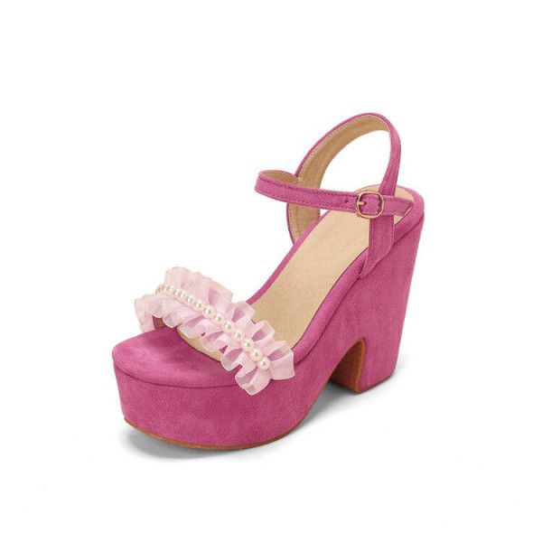 High heeled thick soled sandals for women, sloping heel open toe women's oversized shoes, lace pearls 