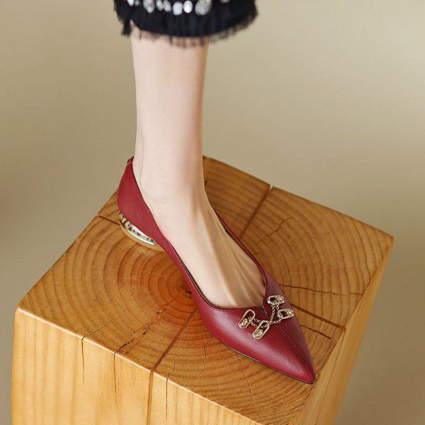 Sharp pointed beige high heels, women's thick heels, new low heeled women's shoes, summer soft leather single shoes 