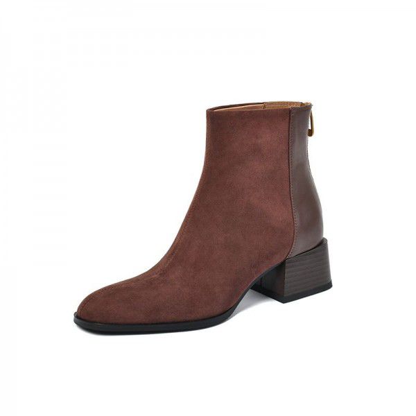 Autumn and Winter New Thick Heel Round Toe Short Boots for Women's Large Black Brown Velvet Lining Medium Heel Women's Boots 
