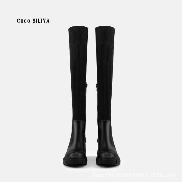 Martin Boots Women's English style thick heeled thick soled long boots with elastic cuffs over the knee that do not fall off the tube 