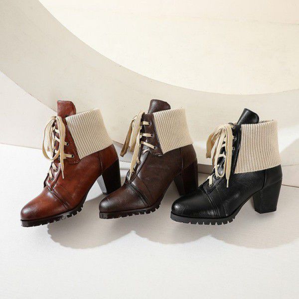 New Short Boots Women's Fashion Retro Wool Tube Lace up Thick Heel High Heel Martin Boots Women 