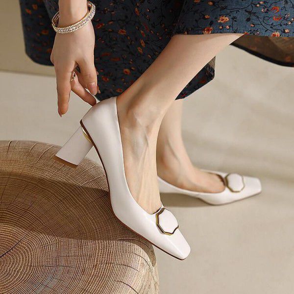 Sheepskin high heels, thick heels, square toe, cow tendon soles, commuting women's single shoes 