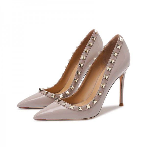 Summer New Pointed Black Rivet High Heels, Women's Sandals with Fine Heels, Beautiful Naked Single Shoes, Liuding Shallow Mouth 