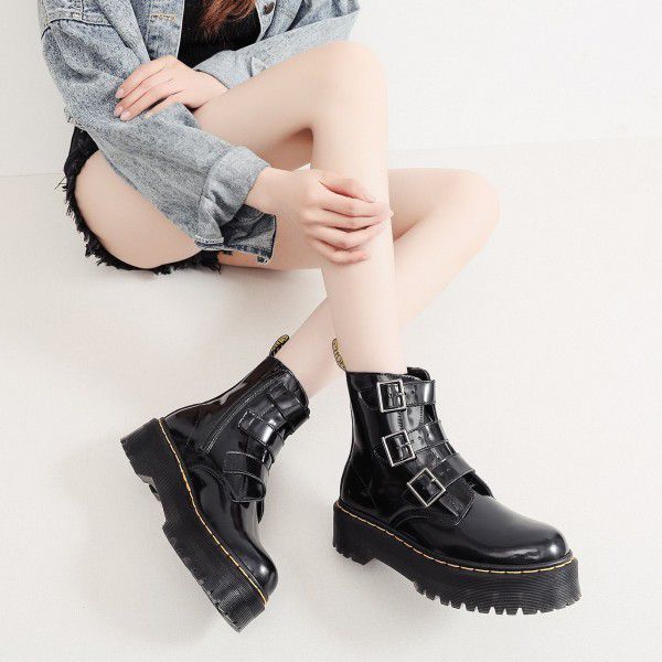 High top women's boots, genuine leather motorcycle, three buckle thick sole sponge cake 