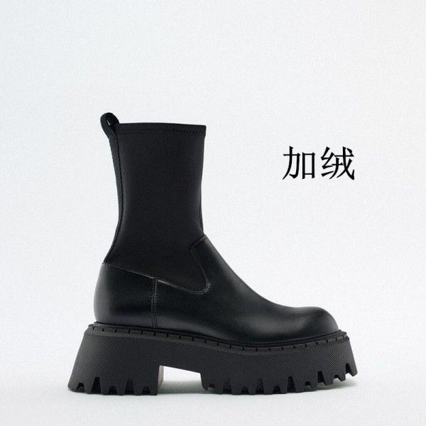 Autumn and Winter New Women's Boots Black Side Zipper Thick Sole Heightened Dark Slim Elastic Mid Sleeve Martin Boots 