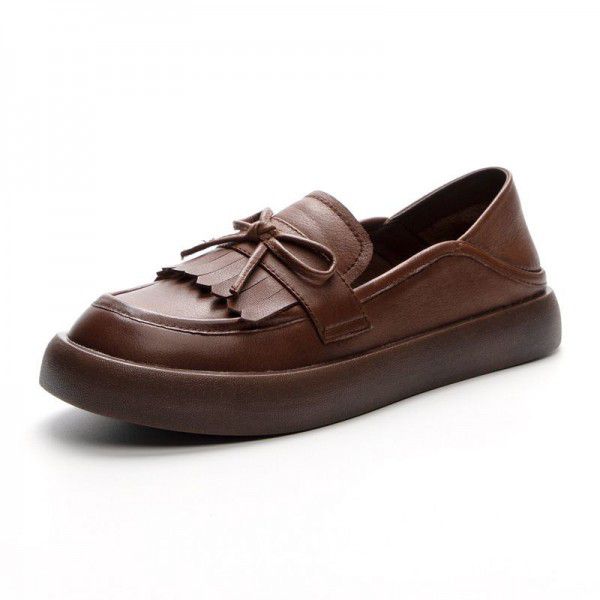 Women's casual single shoes Leather top layer Cowhide versatile retro small leather shoes Low top soft soled Slip-on shoe for women 