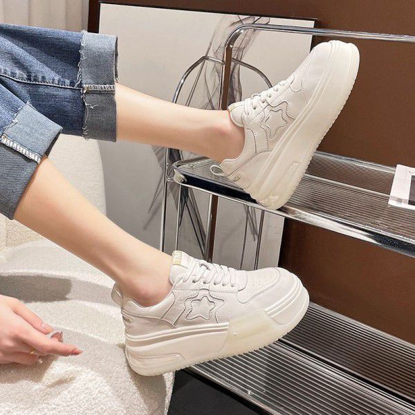 Spring and New Autumn Genuine Leather Thick Sole Shoes for Women's Casual Shoes Star Board Shoes for Women's Versatile Sports Shoes 