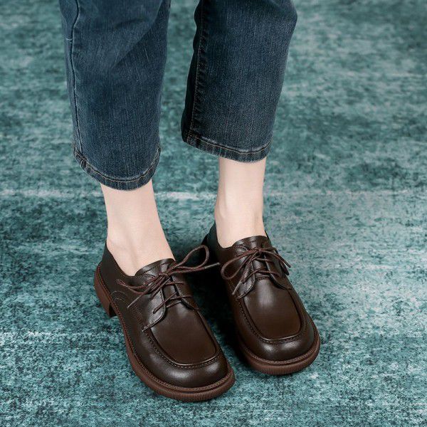Genuine leather retro British style small leather shoes for women's spring and autumn new black versatile thick heels Japanese Lefu single shoes 