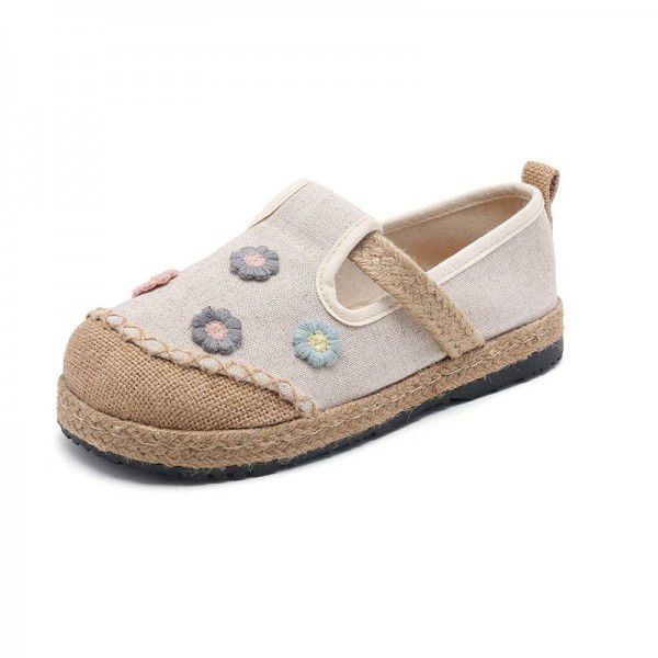 Spring casual shoes, literary and ethnic style, women's single shoes, lazy people, flat heels, casual shallow cut cotton and linen embroidered shoes, women 