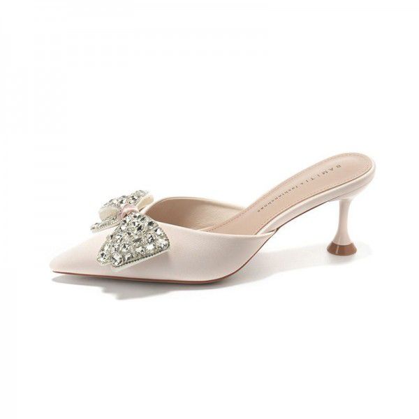Advanced High Heel Baotou Half Slippers Women's Sandals New Style Pointed Thin Heel Bow 