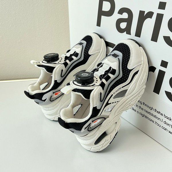 Children's sports shoes mesh breathable autumn style girls' dad shoes rotary buckle hollow out shoes boys' running shoes trend 