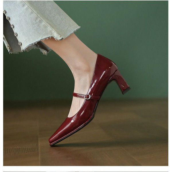 Summer New Square Head High Heels Women's Shallow Mouth Single Shoes Thick Heels Mary Jane Shoes Wine Red Cowhide Shoes 