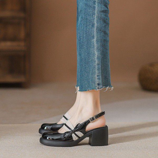 Summer New Bow Knot Shallow Mouth Mary Jane Single Shoe Women's Gentle Style Thick Root Round Head Back Hollow High Heels 