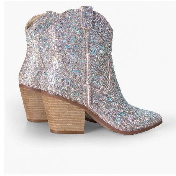 Pointed thick heeled short boots with customized rhinestone sequins in European and American style 