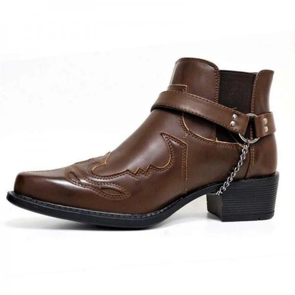 Men's short boots, fashionable and personalized, with belt buckles, thick heels, and pointed tips 