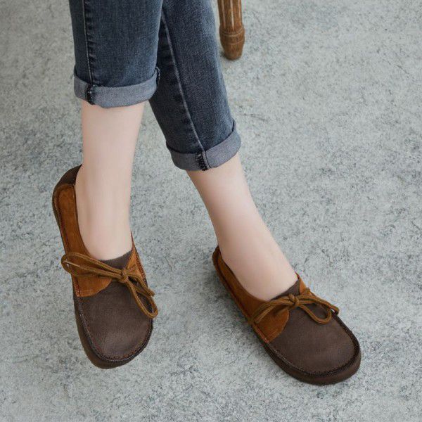 Spring New Style Handsome Casual Cowhide Round Head Colored Lace up Women's Shoes Flat Heel Soft Sole Single Shoe 