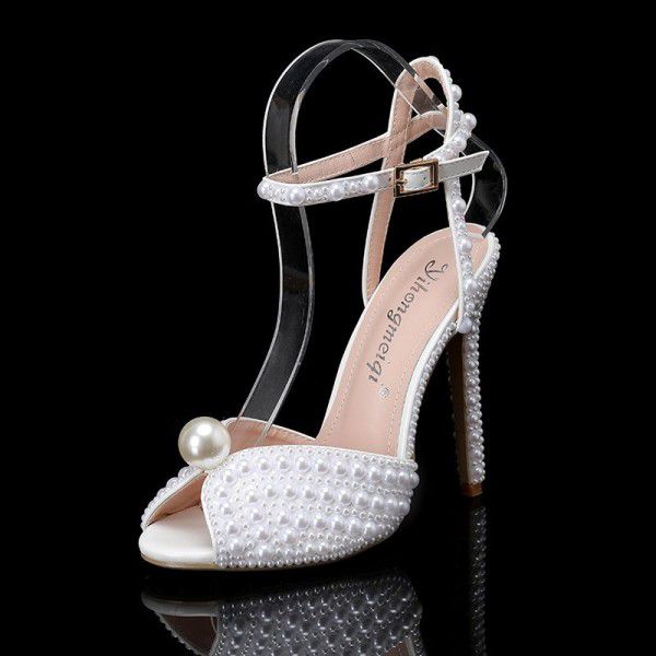 Autumn New Fish Mouth High Heels Slim Heels Shallow Mouth Water Diamond Pearl Women's Single Shoes Wedding Dress Bridal Wedding Shoes 