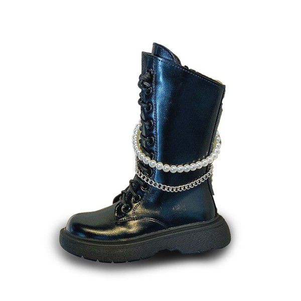 Winter Children's Shoes New Girls' Fashion Pearl Chain High Boots Little Girls' Knee Length Plush Martin Boots 