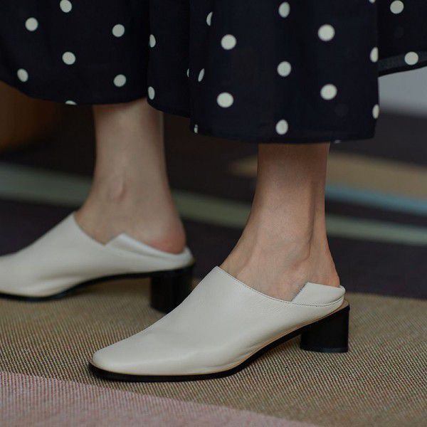 Single shoe with full leather inside and outside, thick heels, square toe, deep mouth, Korean version, retro versatile, and soft leather for both wear 